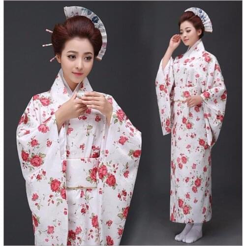 White Novelty Japanese Lady Cotton Kimono Gown Traditional Yukata With Obi Evening Dress Stage Dance Costume Floral 715-18