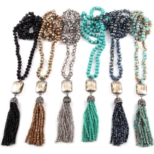 Free Shipping Fashion Bohemian Tribal Jewelry Glass Crystal long Knotted Black Gun Crystal Link Tassel Necklaces