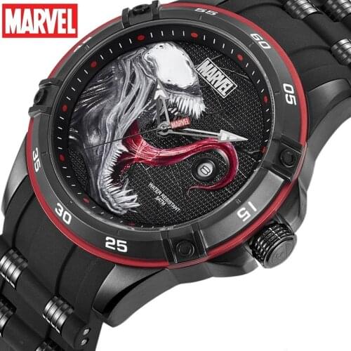 Disney Original Marvel The Avengers Venom Men Quartz Fashion Casual Wristwatches 3D Stereo Dial Coated Glass Date 50m Waterproof
