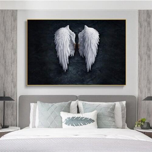 Black Background White Angel Wings Canvas Art Posters and Prints Modern Wings Canvas Paintings on The Wall Art Pictures