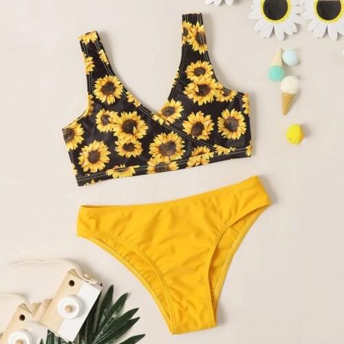 Infant Kids Girls Ruffle Hollow Summer Swimwear Swimsuit Bikini Set Sunflower Print Kids Swimwear For Girls Outfits Купальник