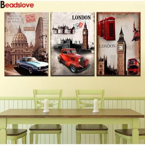 London Street 3 Piece diamond painting full square round 5 d diamond embroidery Big Ben Red Bus Triptych diy diamond mosaic art