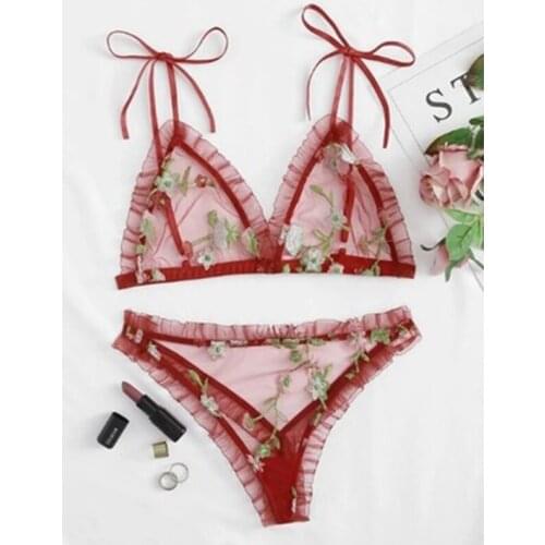 2 Pieces Lingerie Set Women’ s Flower Perspective Simple No Trace Embroidery Underwear Underpants Red/Black