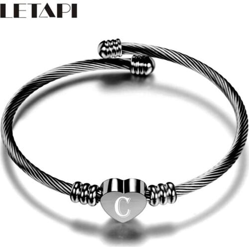 LETAPI 2021 New Fashion Punk Vintage Black Stainless Steel Letter Jewelry A-Z Alphabet Heart Bracelets Bangles for Women