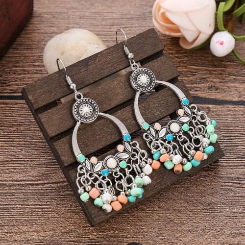 Summer Beaded Earrings 2021 Silver Color Indian Jewelry For Women Vintage Ethnic Boho Tassel Drop Earrings Accessories