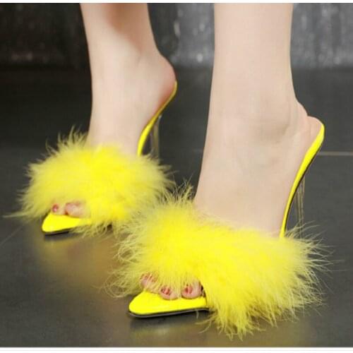 Summer Woman Pumps Transparent Feather High Heel Sandals Crystal Ladies Furry Sandals Peep Toe Mules Slippers Women Slides Shoes