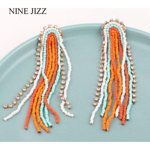 NINEJIZZ Bohemian Earrings Multicolor Beads Long Tassel Earrings For Women Feather Shape Beaded Pendant Ear Party Charm Jewelry