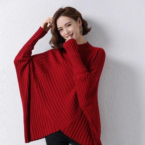2021 Spring Autumn New Irregular Knitted Tops Womens Solid Color Half Turtleneck Bat Shirt lady Sweater Large Size Loose e440