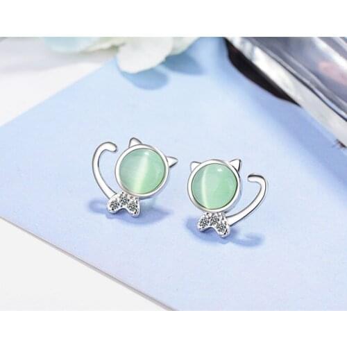 New Sterling Silver Stud Earrings Cute Cat Model Opal Stud Earrings 2018 Christmas Jewelry
