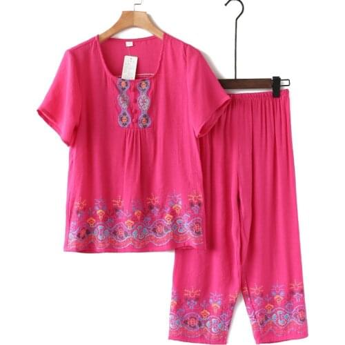 Cotton Linen Two Pieces Pajamas Sets Women Sleepwear Summer Female Thin Laides Short Sleeve Pyjamas Women Ventilation Home Suit