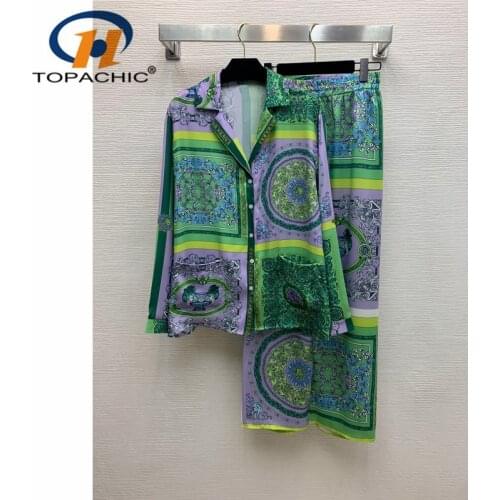 5.17 High End Summer New Vintage Print V-Neck Long Sleeve Cotton Blouse + Elastic Waist Wide-Leg Pants Women