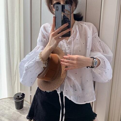 Women Casual Long Sleeve Cotton and Linen Loose Blouse Spring V Neck Print Irregular Shirt Vintage Oversized Tops Plus Size DOT