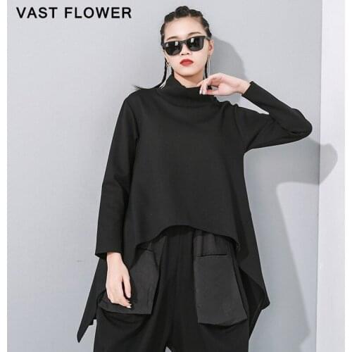 Black Asymmetrical Sweatshirt Women Turtleneck Long Sleeve Pullover Pockets 2021 New Spring Autumn Fashion Casual Loose Clothes