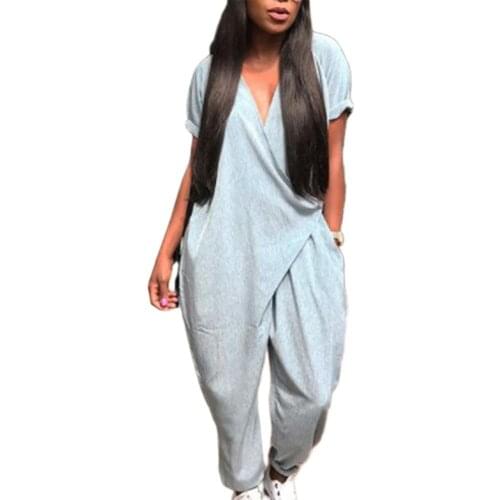 Women Jumpsuits 2021 Casual Sleeveless Summer Solid Color Short Sleeve Front Wrapped V Neck Ankle Tied Loose Jumpsuit