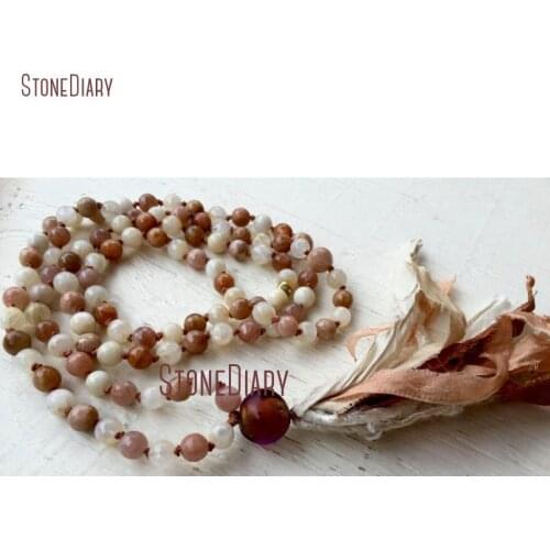 108 Moonstone Mala Beads Peach Moonstone Silk Sari Tassel Meditation Goddess Yoga Jeewlry Beads Necklace in 40inch NM11081