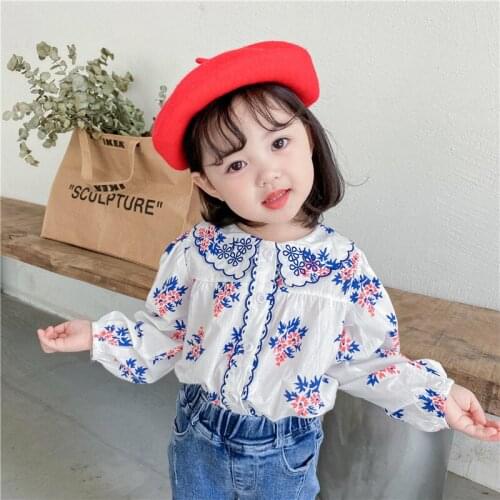 2021 Spring Embroidery Floral Toddler Girls Blouse Tops Children Clothes Long Sleeve Cotton Princess T-shirt Kids Doll Shirts