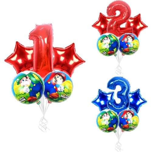 5pcs Super Mario Balloons 32 inch Number Balloons Boy Girl Birthday Party Mario Mylar Blue Red Foil Balloon Set Decor