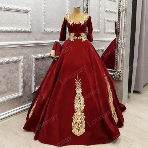 Burgundy A Line Half Sleeves Velvet Evening Dresses 2 Pieces Arabic Appliques Lace Prom Dresses Muslim Formal Women Gowns