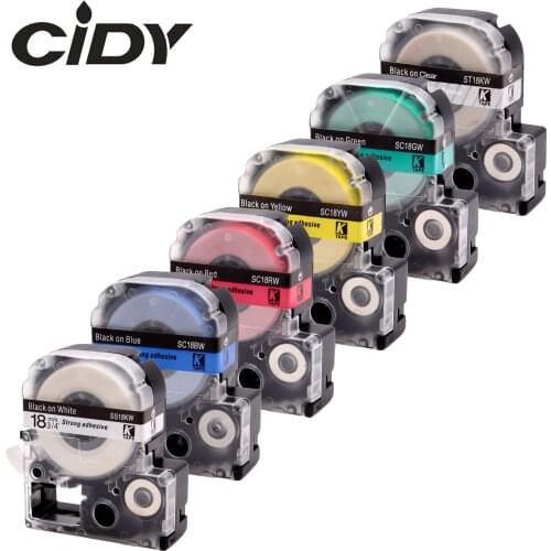 CIDY 6pcs 18MM black on white ST18KW SS18KW SC18GW SC18YW SC18BW SC18RW label tape for kingjim/epson machine LW400 LW700 LW800