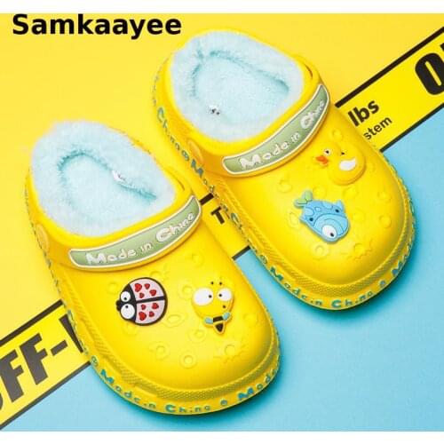2-12Y Kids Mules Clogs Winter Girls Boys Cartoon Slippers Letter Flat Indoor Home Beach Non-Slip Children Warm Garden Shoes Y26