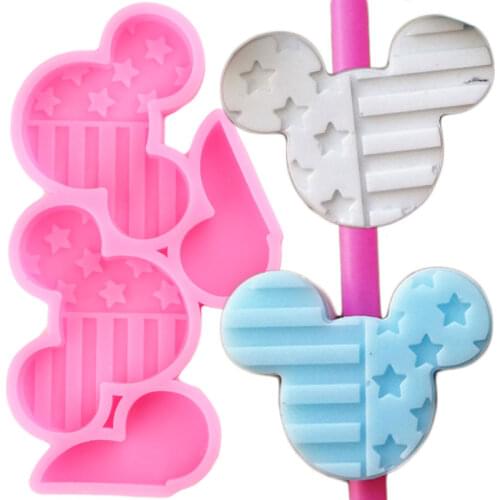 Disney Mickey Mouse Head Straw Topper Silicone Mold American Flag Fondant Cake Decorating Tools Cupcake Candy Chocolate Moulds