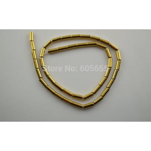 5 strands 4x9mm Gold Color Natural Hematite Round Tube Loose Beads