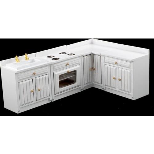 1/12 Dollhouse Mini White Wooden Kitchen Cupboard Model Toy Countertop Sink Stove Cabinet Set Furniture Doll House Accessories