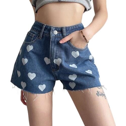 Summer Womens Stretch Pocket Button Denim Shorts Trendy Heart Print High Waist Frayed Raw Hem Short Jeans