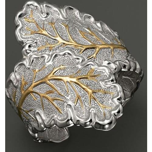 Milangirl Vintage Jewelry Retro Ornament Large Leaf Rings Men Women Open Cuff Cocktail Finger Ring Punk Style