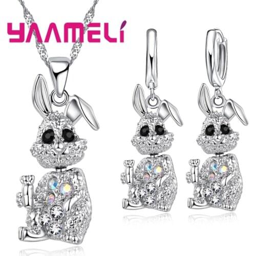Fashion Dancing Rabbit Charms 925 Sterlling Silver Wedding Anniversary Necklace Earrings Jewelry Sets Best Crystal Gifts