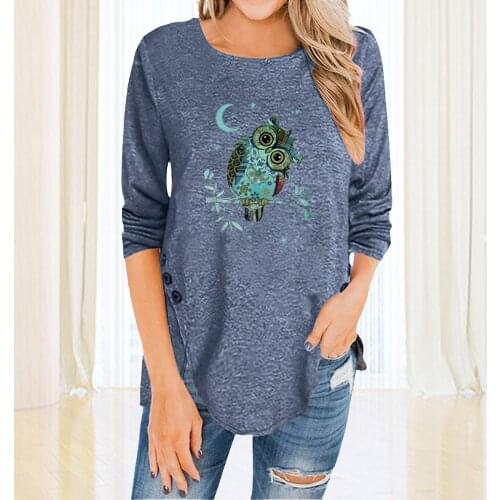 Fashion Womens Plus Size Cartoon Owl Print Blouses Irregular Button Long T-shirts O-Neck Long Sleeve Casual Top blusas de mujer