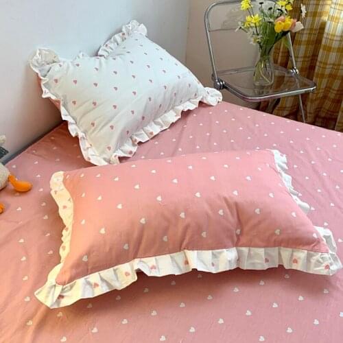 Cilected Heart Print Pillowcase 100% Cotton Lotus Leaf Lace Princess Wind Pillow Core Protective Cover Bedside Cushion Cover