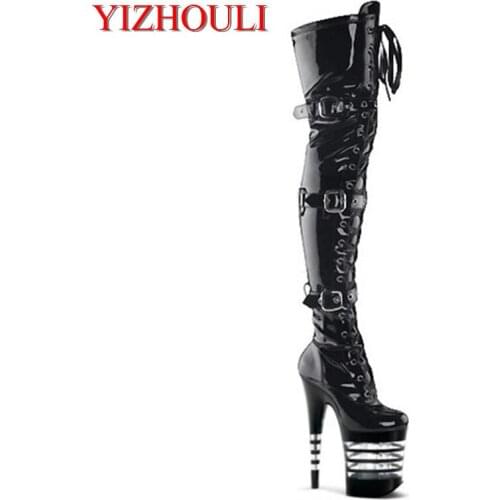 20cm Autumn/Spring Shoes Square High Heel Women Over The Knee Boots Scrub Black Woman Dance Shoes
