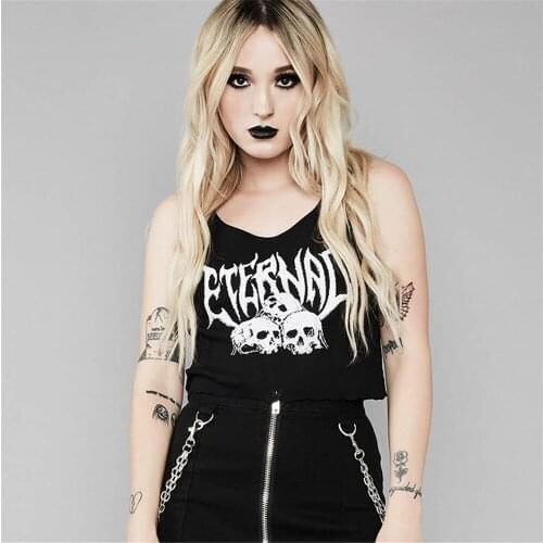 Sexy Punk Goth Crop Tops Women\s Summer Skull Print Vest Top Black White Fashion Round Neck Sleeveless Slim Tank Top Mujer
