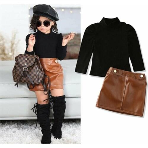 PUDCOCO Toddler Baby Girl Long Sleeve Knitted Sweater Cotton Tops + Leather Skirt Clothes 2Pcs 2-7Y