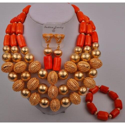 Luxurious Coral Beads Jewelry Sets Women Indian African Jewelry Set Nigeria Wedding Jewellery For Brides Dubai Gold Jewelry Sets