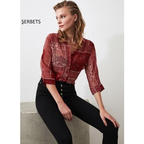 ŞERBETS 2020 autumn winter women satin pattern top shirt long sleeve korean style shien dropshipping