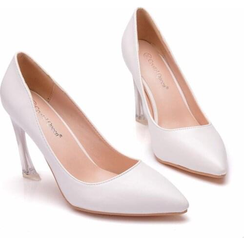 Crystal Queen Women Block 9cm High Heels Sexy Lady White Pumps Female Wedding Shoes