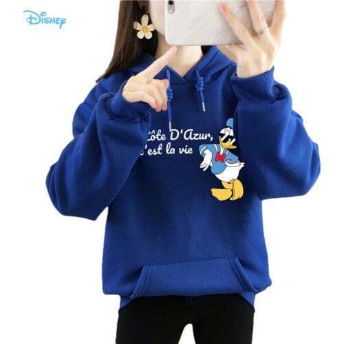 Disney Cartoon Donald Duck Casual Hooded Sweatshirts Women Winter and Autumn 2021 Long Sleeve Thick Warm Black Pink Hoodie Lady