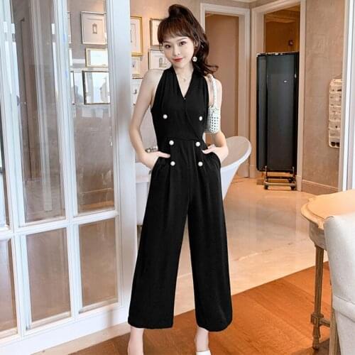 Fashion Korean Casual Vintage Sexy Strapless Halter Sleeveless Jumpsuits Women Elegant V-Neck Button Loose Wide Leg Pants Romper