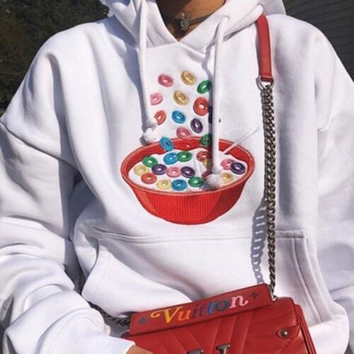 Retro High Street Park Women Oversized Top Women sweatshirt White Hooded Warm Cute Sweet Kawaii Donut Embroidered Sweatshirt