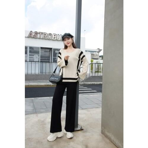 Ice Knitted Trouser Suit 2 Piece Set Korean Style Fashion Women Outfit 2021 New Fall And Winter Plus Size Pullover Top +Wide Leg