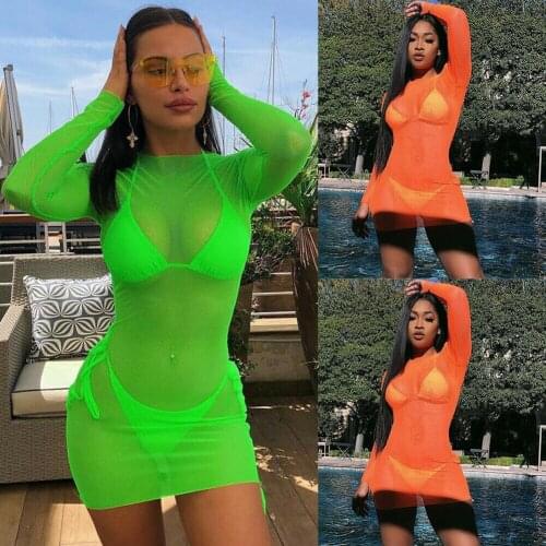 Women Long Sleeve Mini Dress Summer Beach Biquini Cover Ups Mesh Sheer Bikini Cover Up Swimwear Swimsuit Bathing Suit