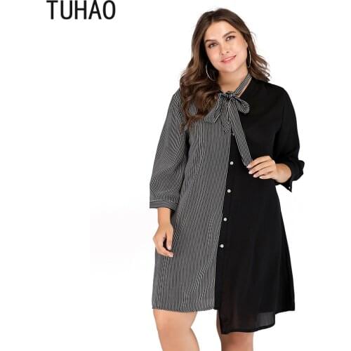 TUHAO Plus Size 5XL 4XL 3XL Office Lady Dresses Autumn Large Size Irregular Women Patchwork Striped Women Work Dress LW63