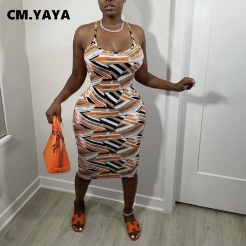 CM.YAYA Women Midi Dress Print Sleeveless Strap O-neck Bodycon Strechy Knee Length Dresses Sexy Fashion Streetwear Summer Outfit