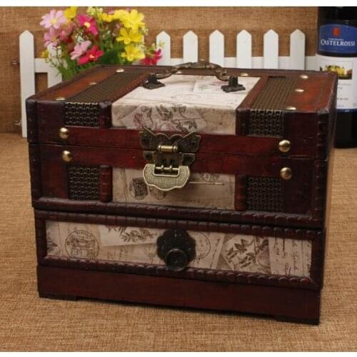 1PC Retro Pattern Jewelry Box Antique Dressing Case Desktop Makeup with Mirror Portable Handle With Drawer Storage Box NA 009