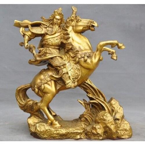 10" Folk China Fengshui Brass Warrior God Guan Gong GuanYu Ride Horse Statue