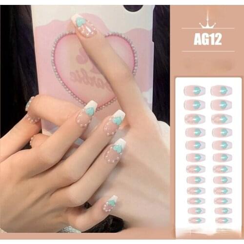 24pcs Almond Blue Heart False Nails Detachable Wearable fake nail with design Fake Nails Imitation Pearl Full Cover Nail Tips