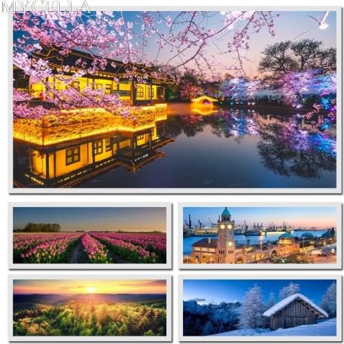 MYCELLA 5D Diamond Painting Landscape Diy Diamond Embroidery Decoration Sunset And Tulips On The Wall Full Square Dril