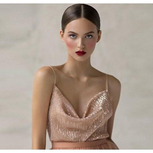 Shiny Nude Pink Short Sequined Women Tank Top V-neck Sexy Bridal Bridesmaid Crop Top Simple Summer Tops